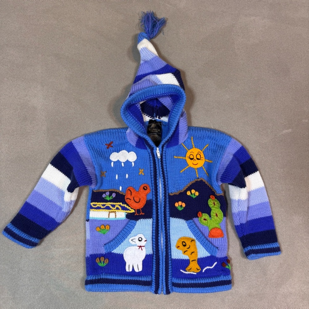 Kid’s Rainbow Peruvian Alpaca Sweater Zipper Cardigan Embroidered Hooded 3T/4T